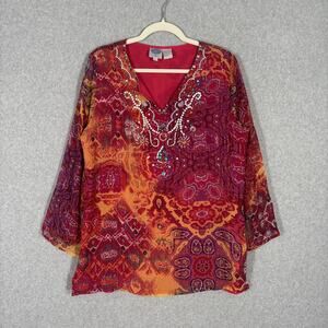 Diane Gilman Tunic Top Medium Silk Ikat‎ Southwestern Beaded Abstract Metallic
